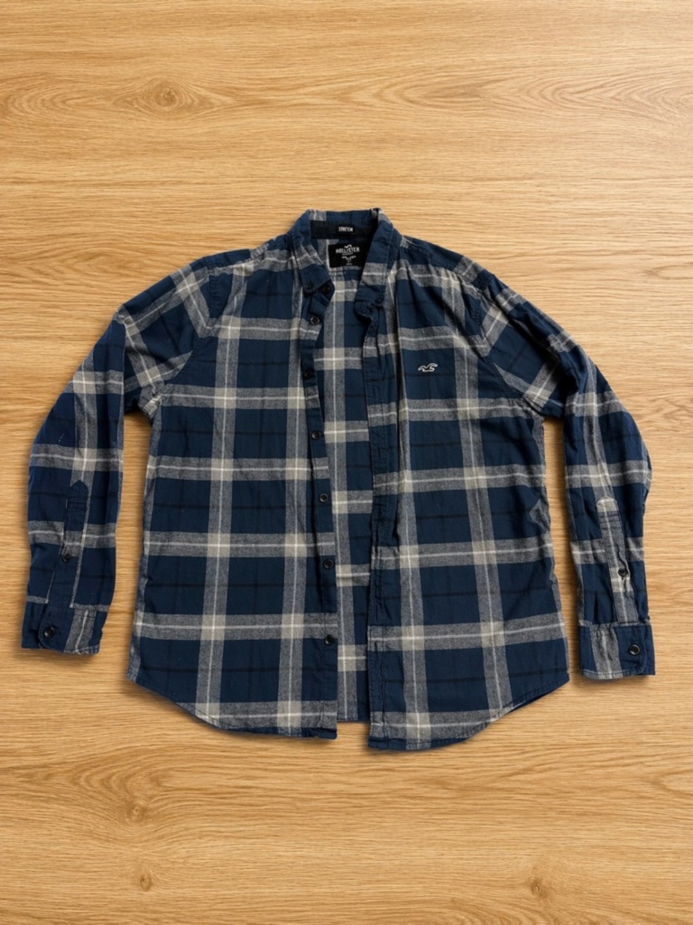 Hollister Navy and Gray Plaid Long-Sleeve Button-Down Shirt